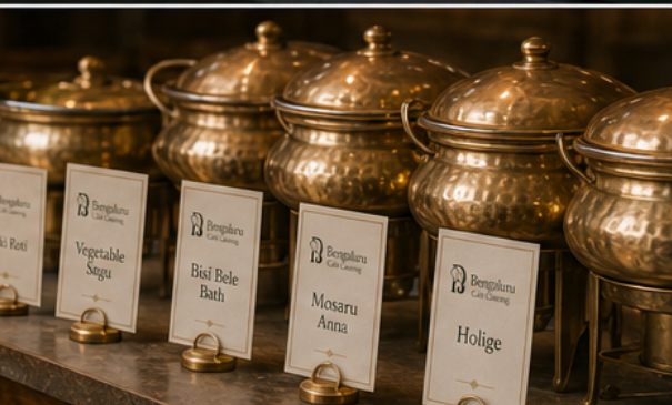 Concept render: labeled chafing dishes at a Bengaluru Cafe Catering buffet