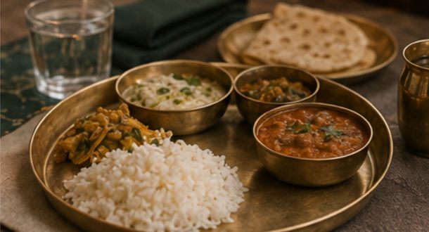 Concept render: a plated Bengaluru Cafe Catering thali