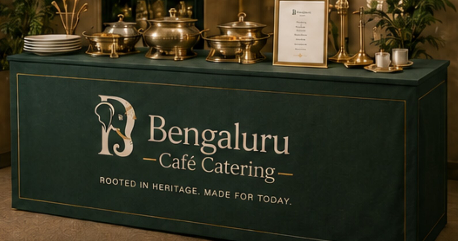 Bengaluru Cafe Catering buffet table with brass serving dishes and a branded green table cover