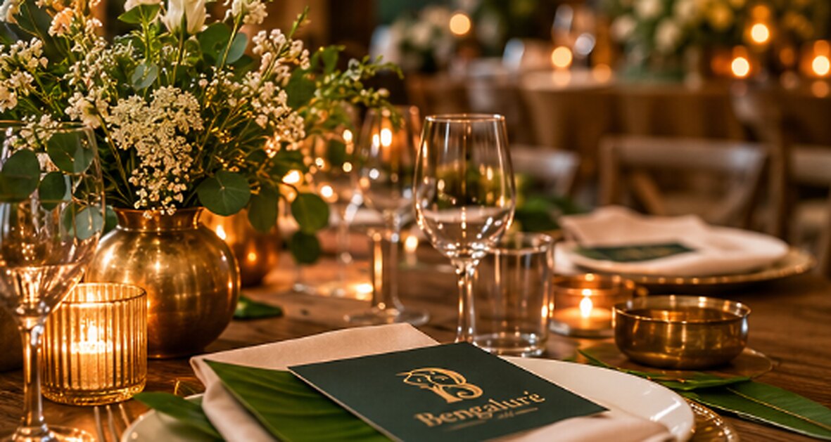A table set with a branded menu on a leaf napkin
