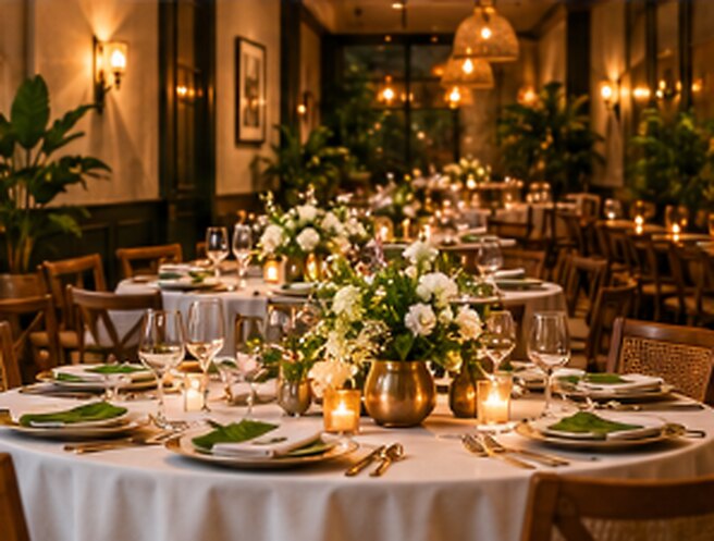 A candlelit round table with flowers and leaf napkins