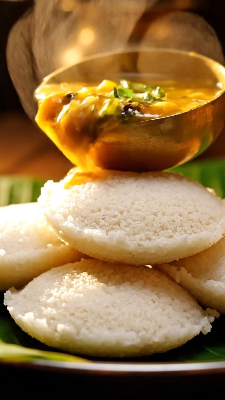 Idli served with sambar, poured warm at the table